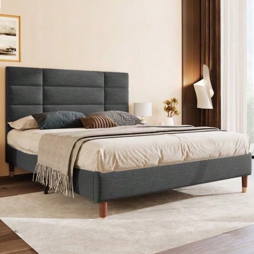 Polsterbett, Doppelbett mit Lattenrost, 140x200cm gepolsteres Bettgestell mit Kopfteil, in Schwarz Leinen, für Erwachsene&Jugendliche,