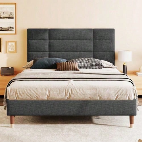 Polsterbett, Doppelbett mit Lattenrost, 140x200cm gepolsteres Bettgestell mit Kopfteil, in Schwarz Leinen, für Erwachsene&Jugendliche,