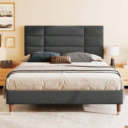 Polsterbett, Doppelbett mit Lattenrost, 140x200cm gepolsteres Bettgestell mit Kopfteil, in Schwarz Leinen, für Erwachsene&Jugendliche,