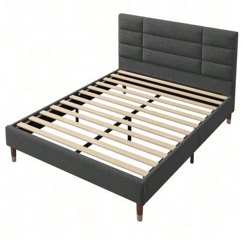 Polsterbett, Doppelbett mit Lattenrost, 140x200cm gepolsteres Bettgestell mit Kopfteil, in Schwarz Leinen, für Erwachsene&Jugendliche,