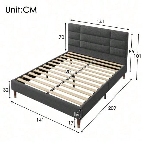 Polsterbett, Doppelbett mit Lattenrost, 140x200cm gepolsteres Bettgestell mit Kopfteil, in Schwarz Leinen, für Erwachsene&Jugendliche,