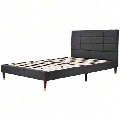 Polsterbett, Doppelbett mit Lattenrost, 140x200cm gepolsteres Bettgestell mit Kopfteil, in Schwarz Leinen, für Erwachsene&Jugendliche,