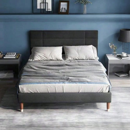 Polsterbett, Doppelbett mit Lattenrost, 140x200cm gepolsteres Bettgestell mit Kopfteil, in Schwarz Leinen, für Erwachsene&Jugendliche,