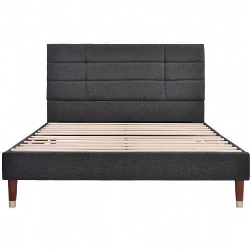 Polsterbett, Doppelbett mit Lattenrost, 140x200cm gepolsteres Bettgestell mit Kopfteil, in Schwarz Leinen, für Erwachsene&Jugendliche,