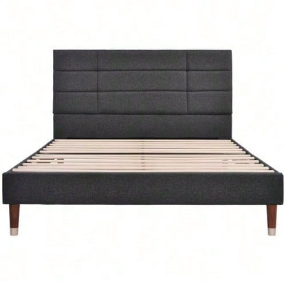 Polsterbett, Doppelbett mit Lattenrost, 140x200cm gepolsteres Bettgestell mit Kopfteil, in Schwarz Leinen, für Erwachsene&Jugendliche,
