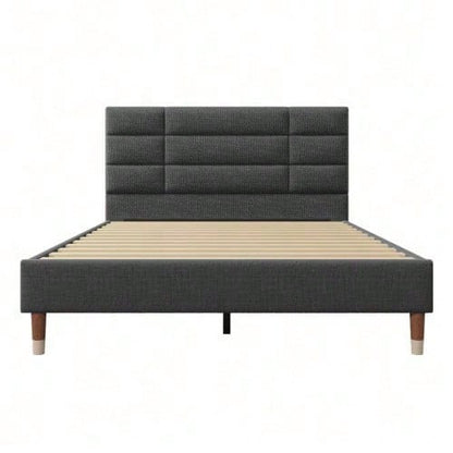 Polsterbett, Doppelbett mit Lattenrost, 140x200cm gepolsteres Bettgestell mit Kopfteil, in Schwarz Leinen, für Erwachsene&Jugendliche,