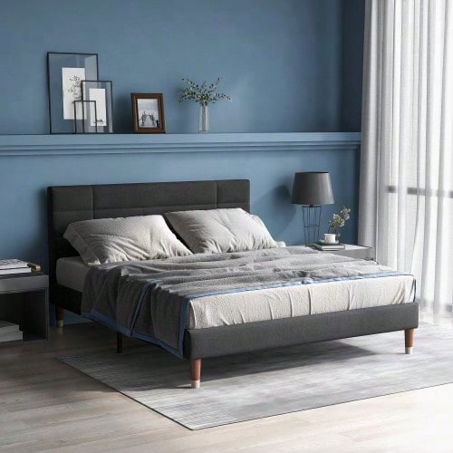 Polsterbett, Doppelbett mit Lattenrost, 140x200cm gepolsteres Bettgestell mit Kopfteil, in Schwarz Leinen, für Erwachsene&Jugendliche,