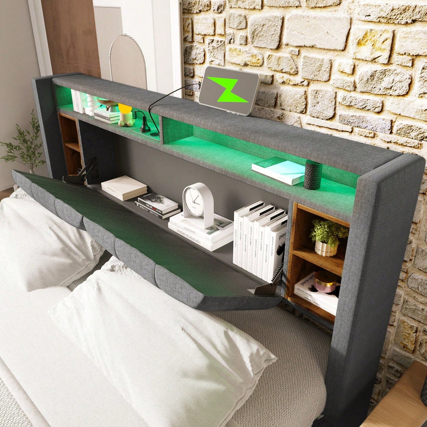 Polsterbett Doppelbett Stauraum-Kopfteil Bett mit aufladen USB und LED-Beleuchtung Bettgestell Lattenrost aus Holz,140*200CM Grau