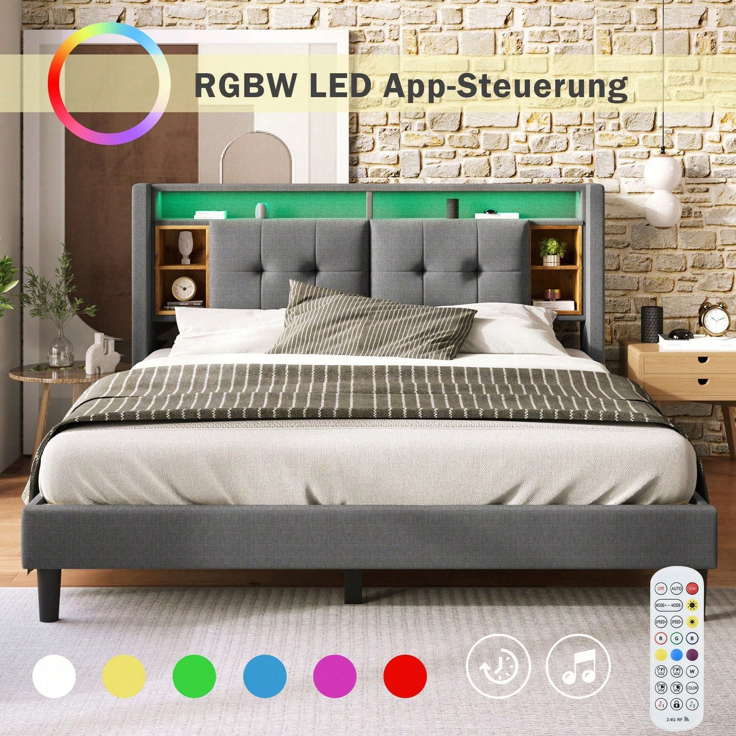 Polsterbett Doppelbett Stauraum-Kopfteil Bett mit aufladen USB und LED-Beleuchtung Bettgestell Lattenrost aus Holz,140*200CM Grau
