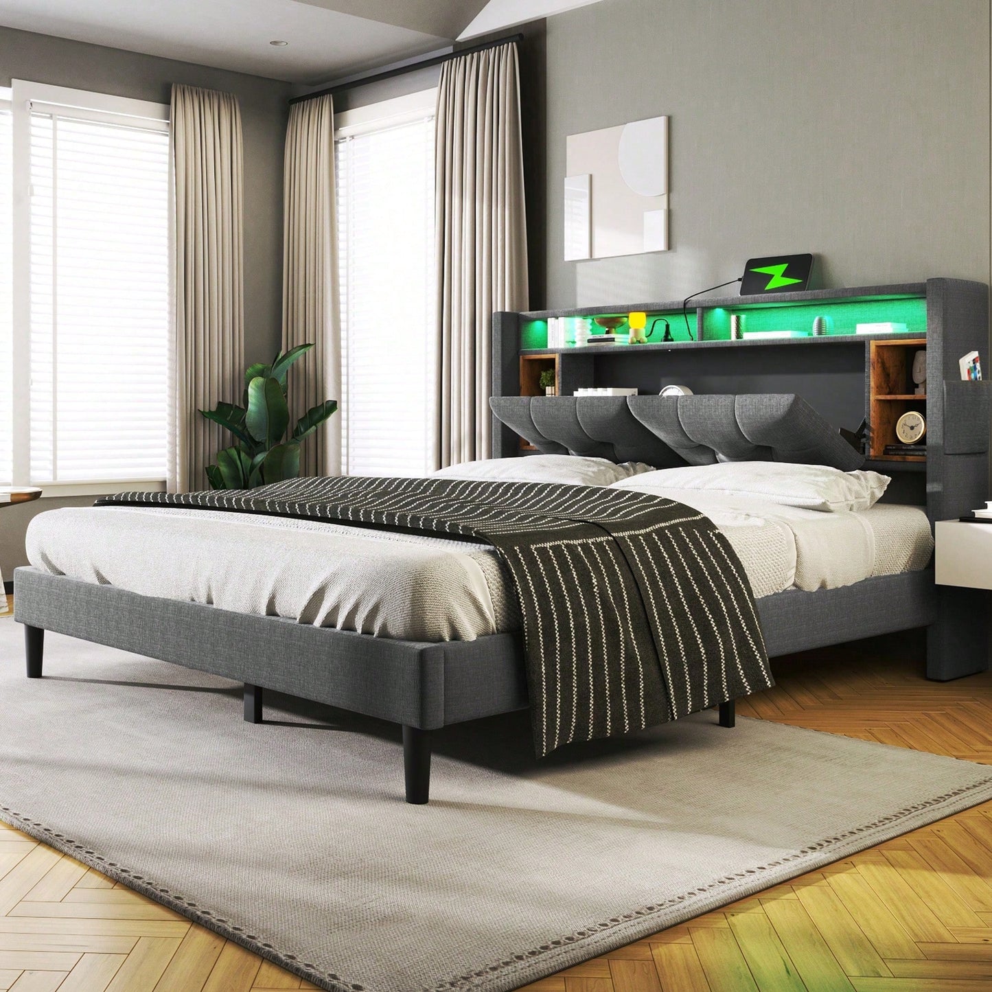 Polsterbett Doppelbett Stauraum-Kopfteil Bett mit aufladen USB und LED-Beleuchtung Bettgestell Lattenrost aus Holz,140*200CM Grau