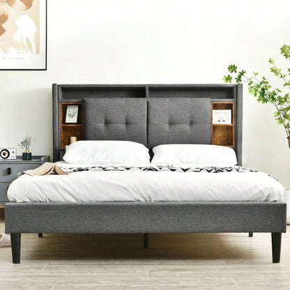 Polsterbett Doppelbett Stauraum-Kopfteil Bett mit aufladen USB und LED-Beleuchtung Bettgestell Lattenrost aus Holz,140*200CM Grau