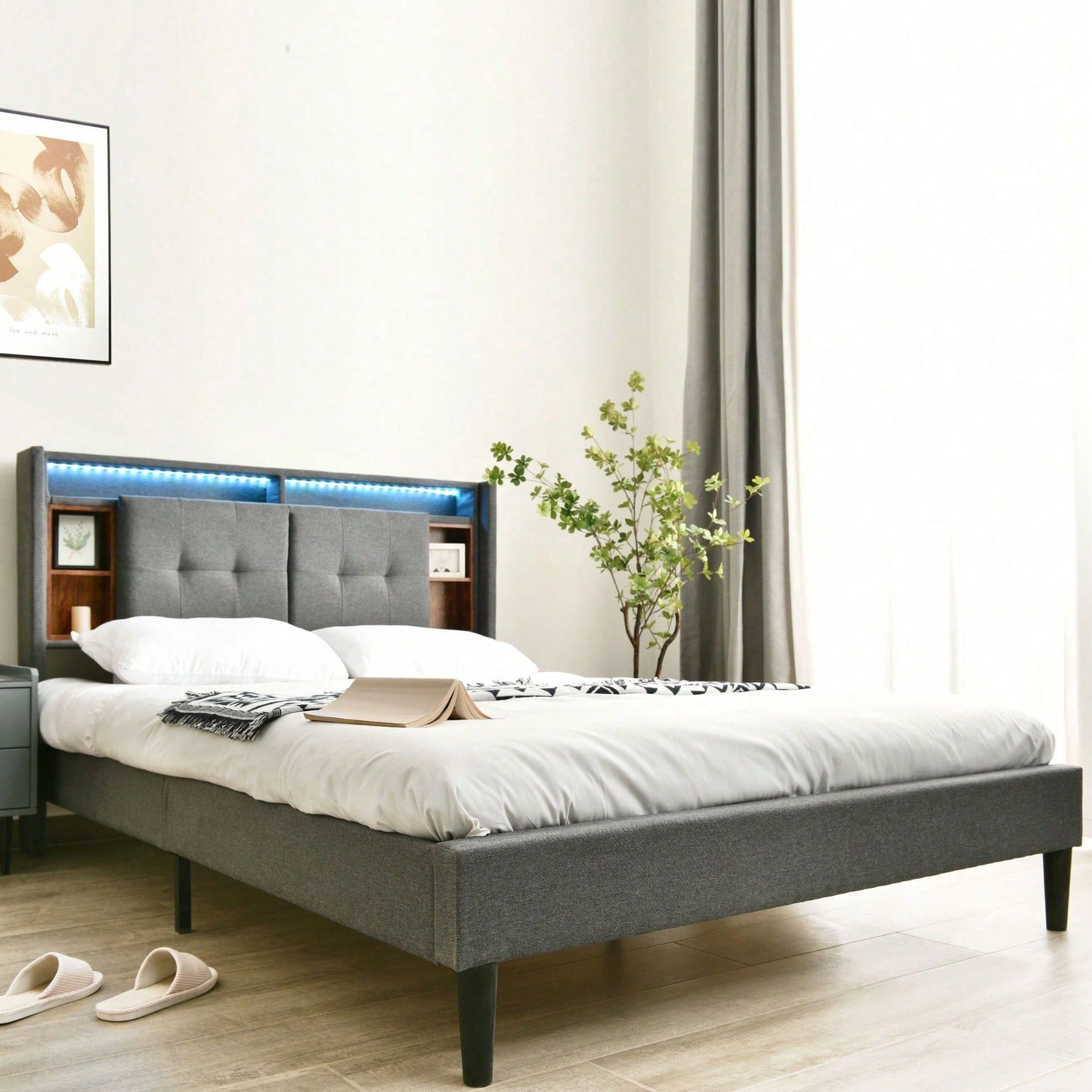 Polsterbett Doppelbett Stauraum-Kopfteil Bett mit aufladen USB und LED-Beleuchtung Bettgestell Lattenrost aus Holz,140*200CM Grau