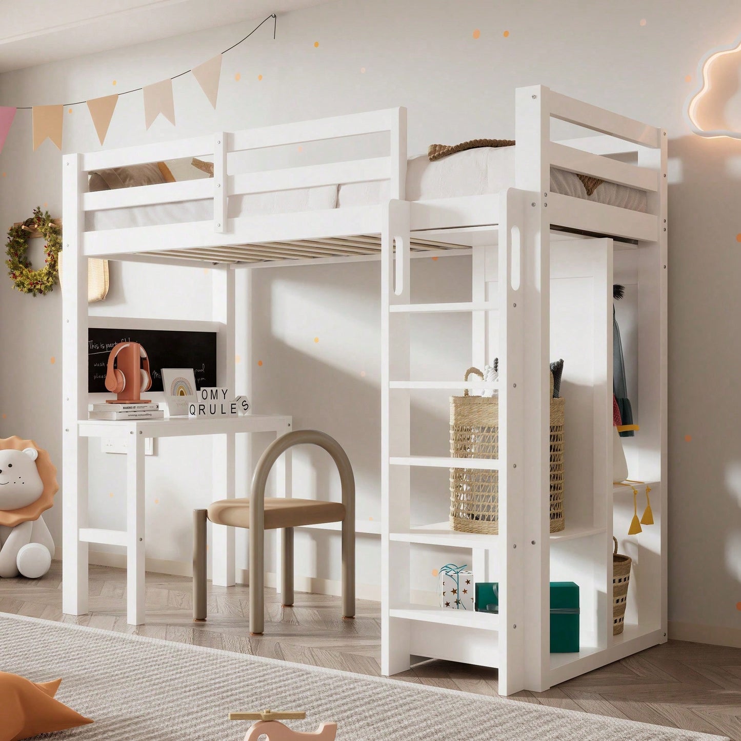 Kinderbett Hochbett mit Schreibtisch Offener Kleiderschrank und Regalen Kinderbett mit Lattenrost und Rausfallschutz Einzelbett Liegefläche 90x200 cm -109x206x184cm(BxLxH)-Weiß