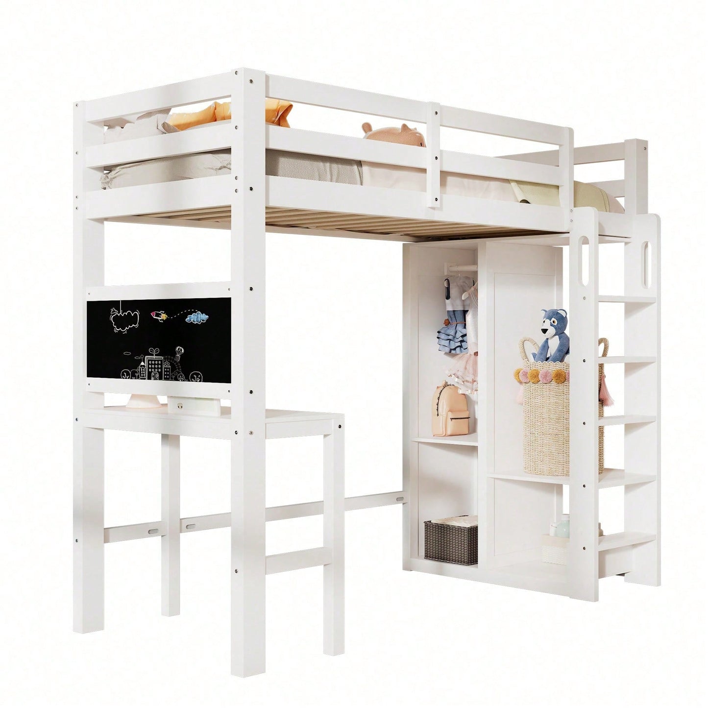 Kinderbett Hochbett mit Schreibtisch Offener Kleiderschrank und Regalen Kinderbett mit Lattenrost und Rausfallschutz Einzelbett Liegefläche 90x200 cm -109x206x184cm(BxLxH)-Weiß