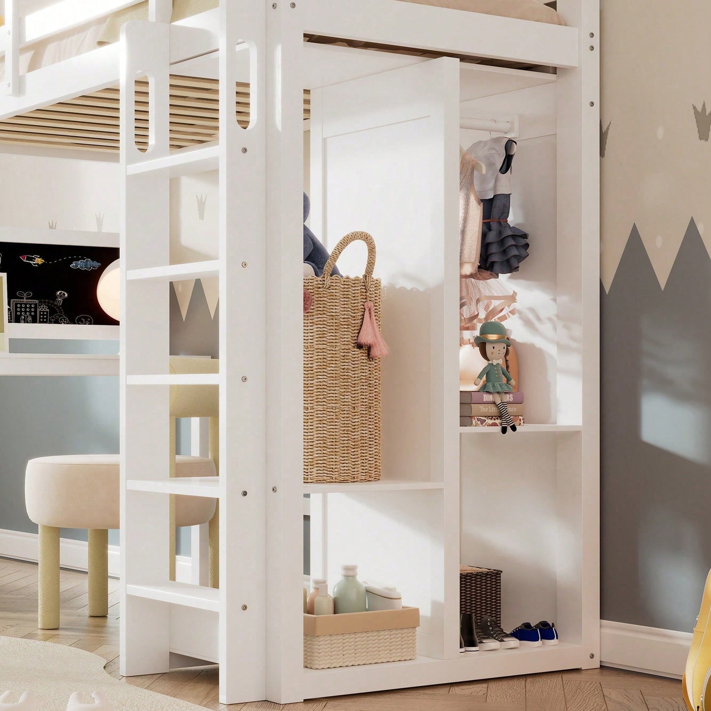 Kinderbett Hochbett mit Schreibtisch Offener Kleiderschrank und Regalen Kinderbett mit Lattenrost und Rausfallschutz Einzelbett Liegefläche 90x200 cm -109x206x184cm(BxLxH)-Weiß