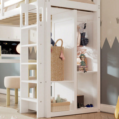 Kinderbett Hochbett mit Schreibtisch Offener Kleiderschrank und Regalen Kinderbett mit Lattenrost und Rausfallschutz Einzelbett Liegefläche 90x200 cm -109x206x184cm(BxLxH)-Weiß