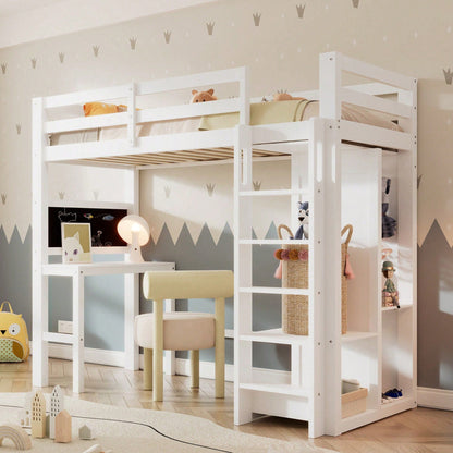 Kinderbett Hochbett mit Schreibtisch Offener Kleiderschrank und Regalen Kinderbett mit Lattenrost und Rausfallschutz Einzelbett Liegefläche 90x200 cm -109x206x184cm(BxLxH)-Weiß