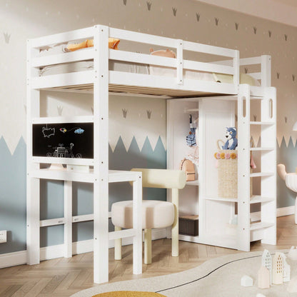 Kinderbett Hochbett mit Schreibtisch Offener Kleiderschrank und Regalen Kinderbett mit Lattenrost und Rausfallschutz Einzelbett Liegefläche 90x200 cm -109x206x184cm(BxLxH)-Weiß