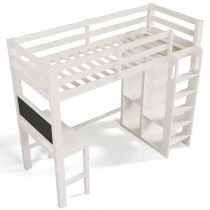 Kinderbett Hochbett mit Schreibtisch Offener Kleiderschrank und Regalen Kinderbett mit Lattenrost und Rausfallschutz Einzelbett Liegefläche 90x200 cm -109x206x184cm(BxLxH)-Weiß