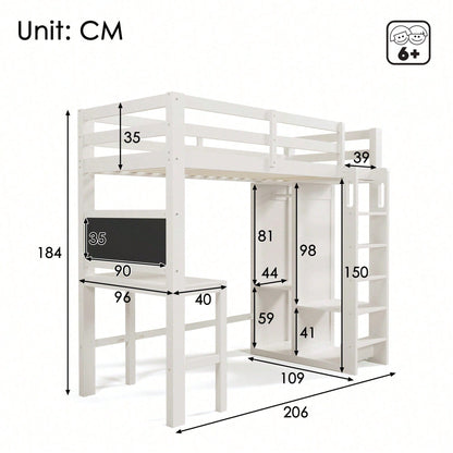 Kinderbett Hochbett mit Schreibtisch Offener Kleiderschrank und Regalen Kinderbett mit Lattenrost und Rausfallschutz Einzelbett Liegefläche 90x200 cm -109x206x184cm(BxLxH)-Weiß