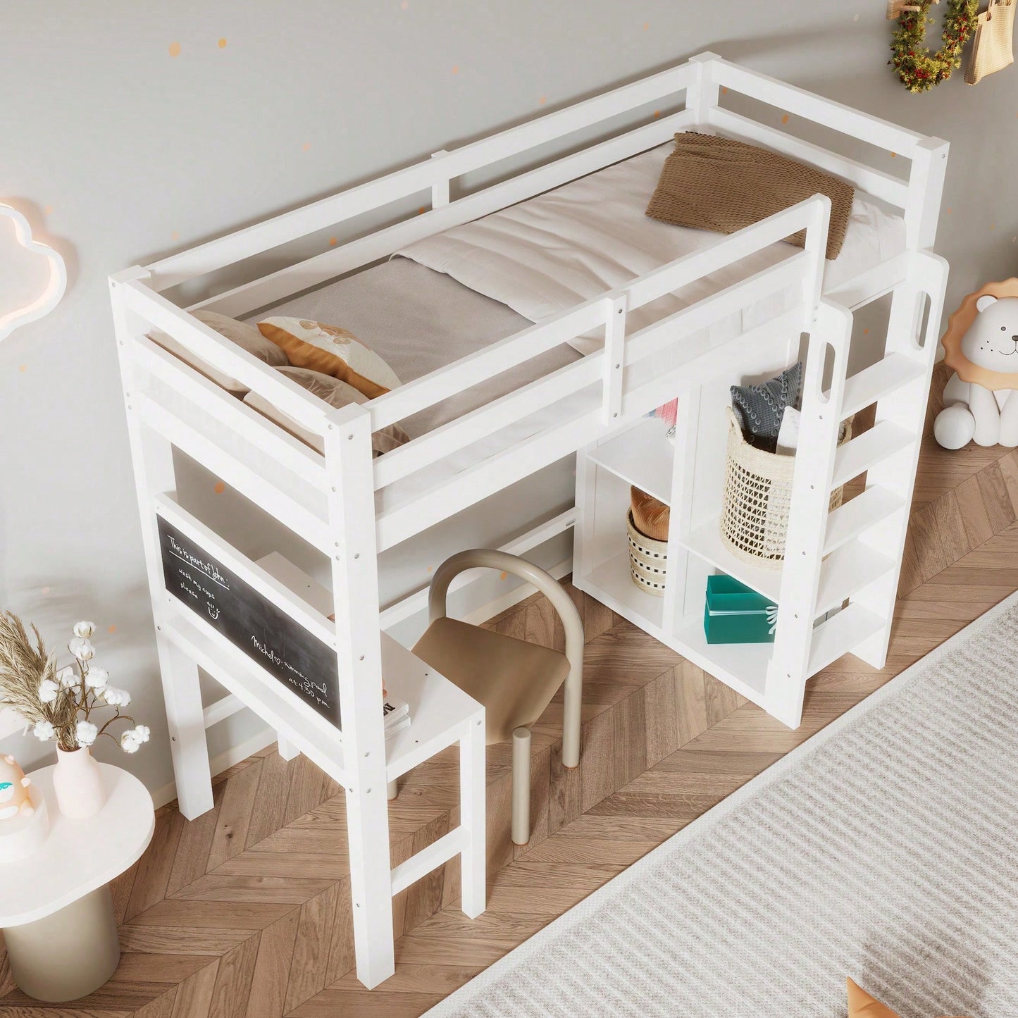 Kinderbett Hochbett mit Schreibtisch Offener Kleiderschrank und Regalen Kinderbett mit Lattenrost und Rausfallschutz Einzelbett Liegefläche 90x200 cm -109x206x184cm(BxLxH)-Weiß