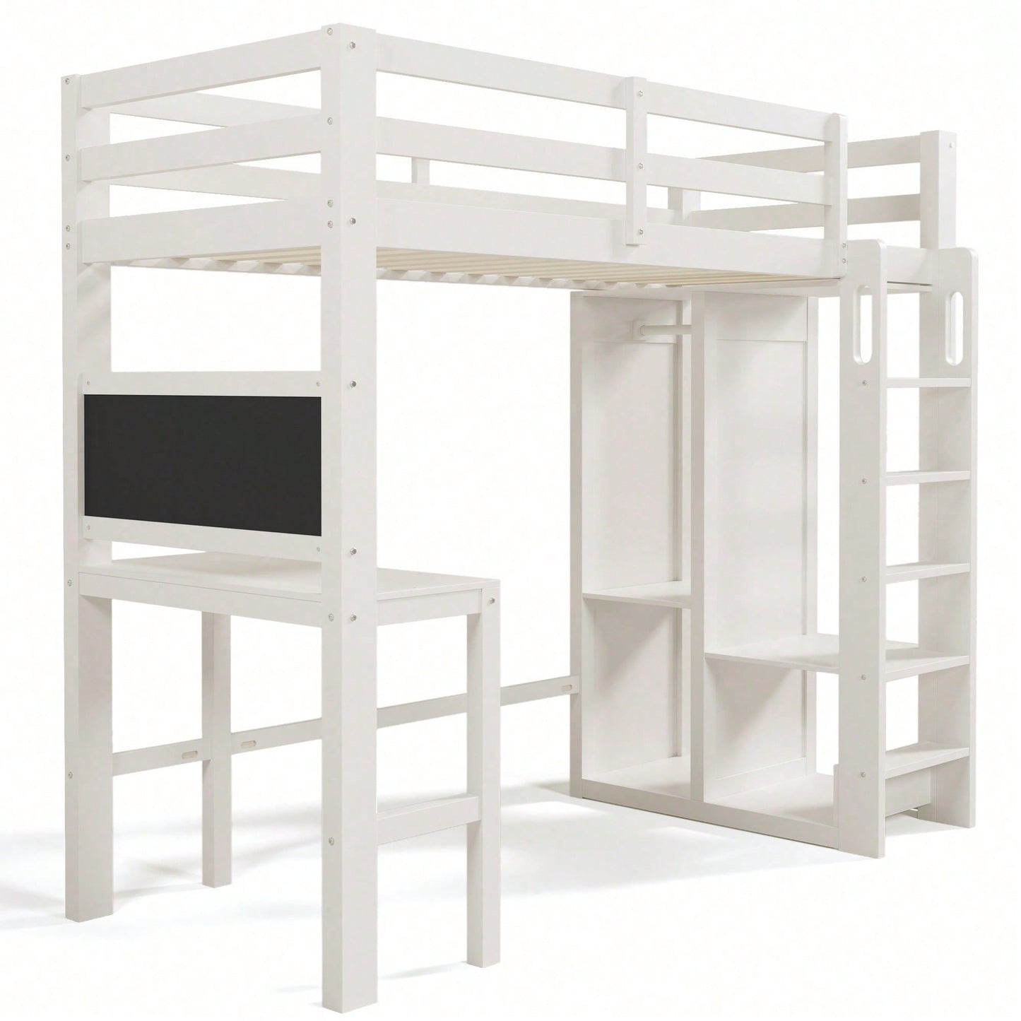 Kinderbett Hochbett mit Schreibtisch Offener Kleiderschrank und Regalen Kinderbett mit Lattenrost und Rausfallschutz Einzelbett Liegefläche 90x200 cm -109x206x184cm(BxLxH)-Weiß