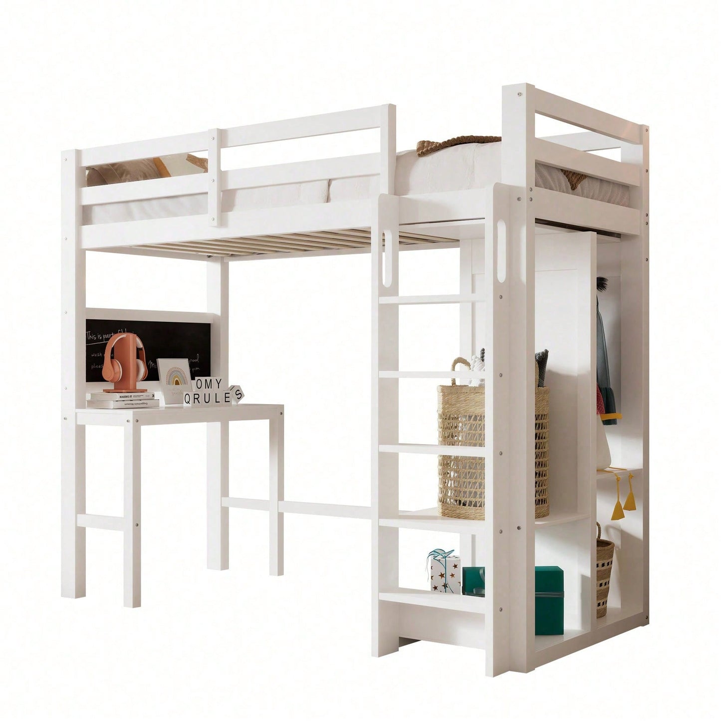 Kinderbett Hochbett mit Schreibtisch Offener Kleiderschrank und Regalen Kinderbett mit Lattenrost und Rausfallschutz Einzelbett Liegefläche 90x200 cm -109x206x184cm(BxLxH)-Weiß