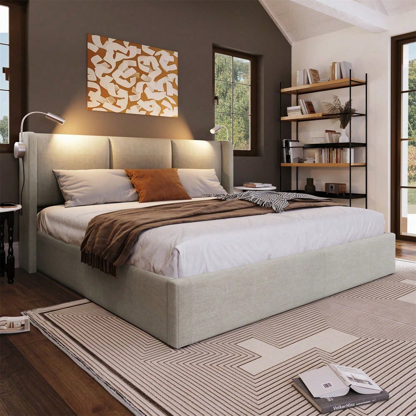 Polsterbett Doppelbett Stauraum Bettkasten Leselicht mit USB Ladefunktion Kopfteil,Stauraumbetten Bettgestell aus Leinenmaterial Jugendbett 140x200 mit lattenrost