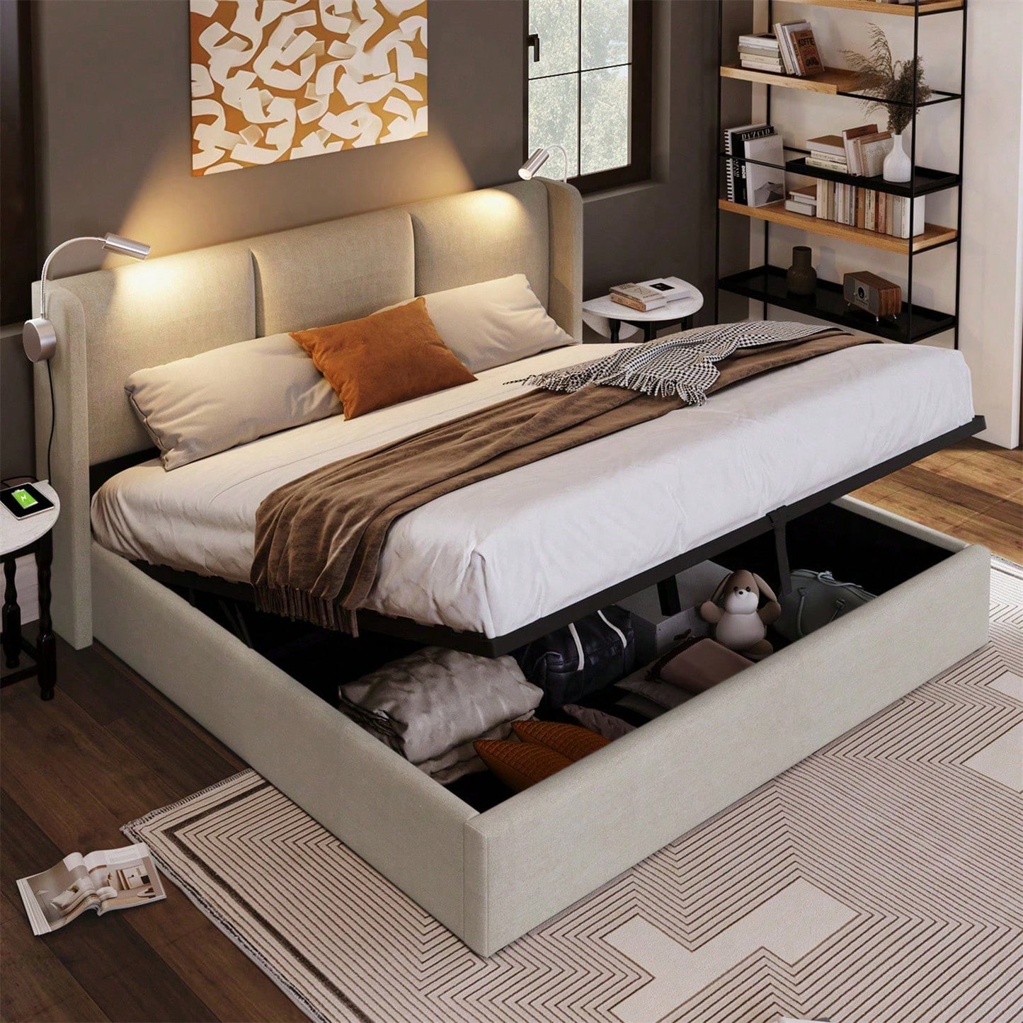 Polsterbett Doppelbett Stauraum Bettkasten Leselicht mit USB Ladefunktion Kopfteil,Stauraumbetten Bettgestell aus Leinenmaterial Jugendbett 140x200 mit lattenrost