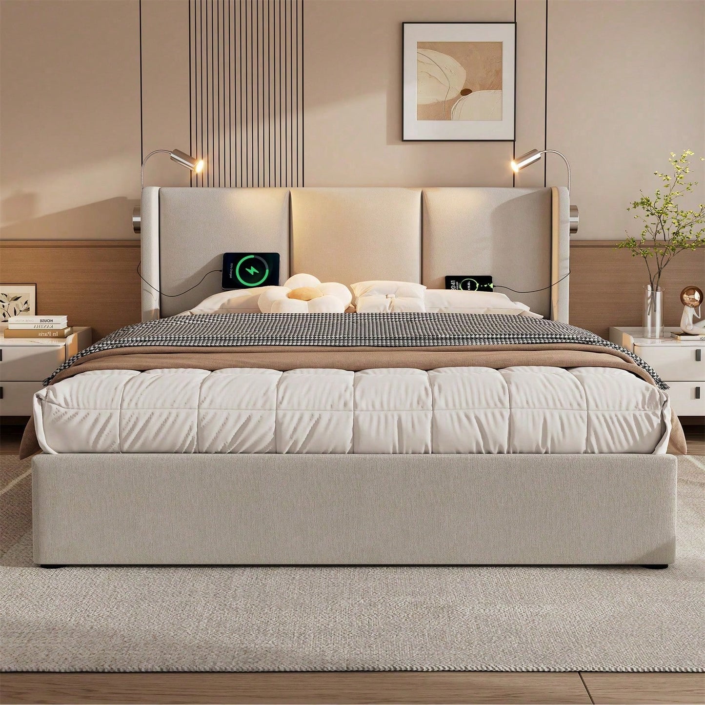 Polsterbett Doppelbett Stauraum Bettkasten Leselicht mit USB Ladefunktion Kopfteil,Stauraumbetten Bettgestell aus Leinenmaterial Jugendbett 140x200 mit lattenrost