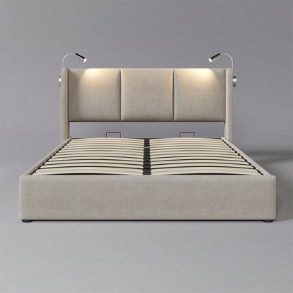 Polsterbett Doppelbett Stauraum Bettkasten Leselicht mit USB Ladefunktion Kopfteil,Stauraumbetten Bettgestell aus Leinenmaterial Jugendbett 140x200 mit lattenrost