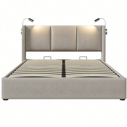 Polsterbett Doppelbett Stauraum Bettkasten Leselicht mit USB Ladefunktion Kopfteil,Stauraumbetten Bettgestell aus Leinenmaterial Jugendbett 140x200 mit lattenrost