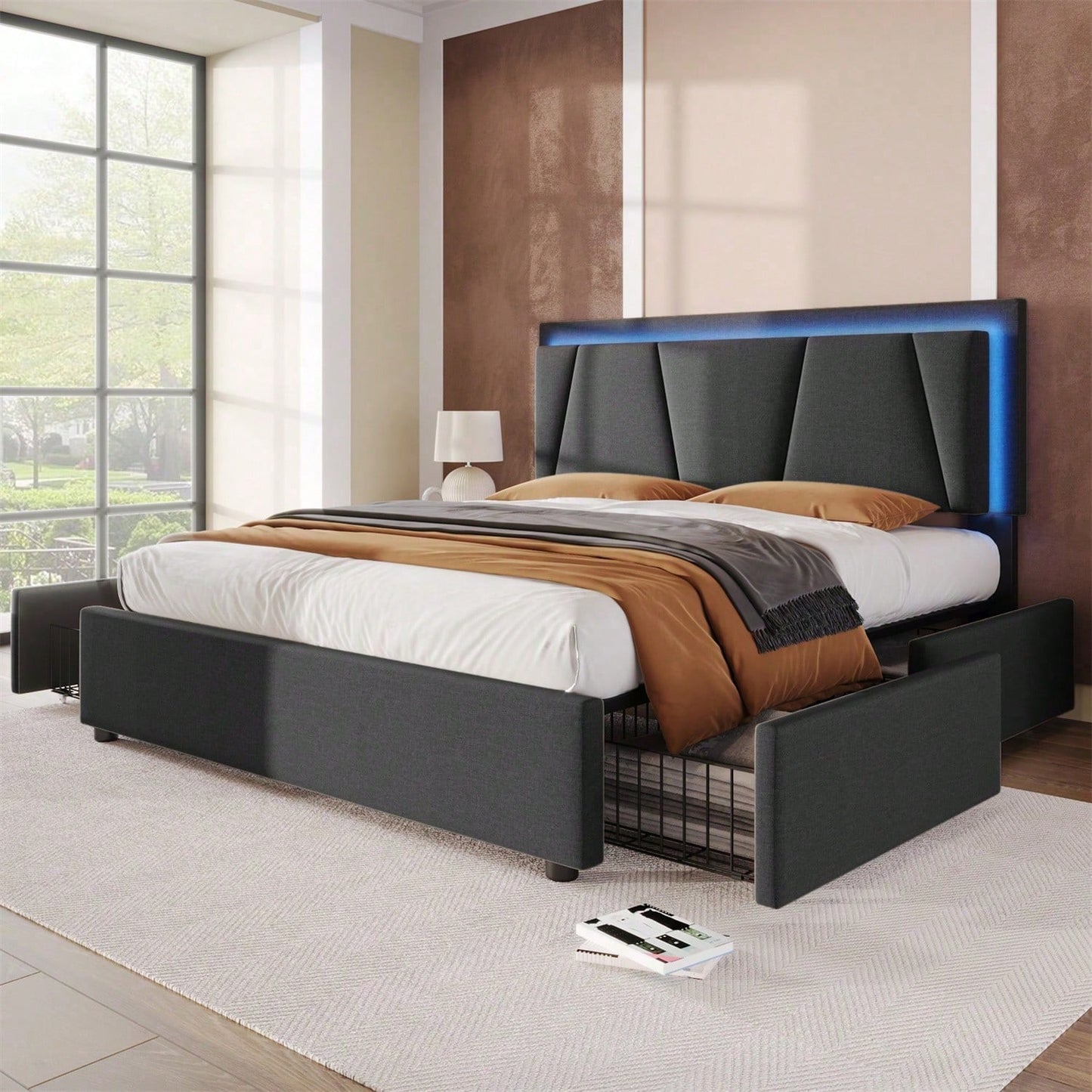 Polsterbett mit LED-Beleuchtung und 4 Schubladen,Höhenverstellbarem Kopfteil,Doppelbett 160x200cm Stauraumbetten Bettgestell, Lattenrost aus Holz, Grau
