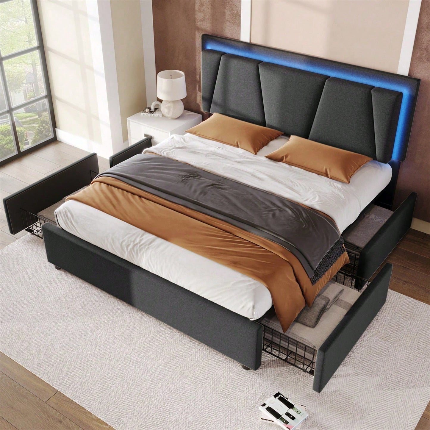 Polsterbett mit LED-Beleuchtung und 4 Schubladen,Höhenverstellbarem Kopfteil,Doppelbett 160x200cm Stauraumbetten Bettgestell, Lattenrost aus Holz, Grau