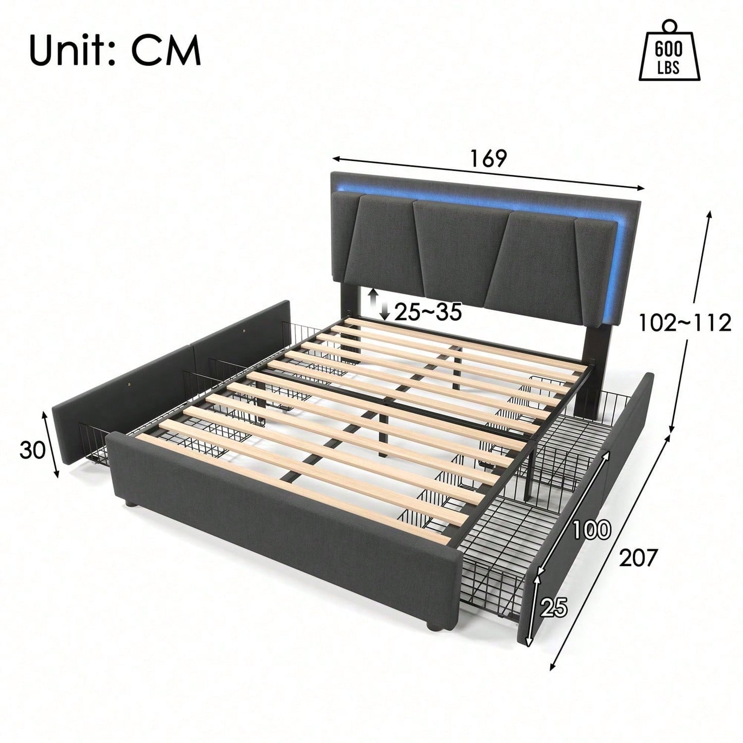Polsterbett mit LED-Beleuchtung und 4 Schubladen,Höhenverstellbarem Kopfteil,Doppelbett 160x200cm Stauraumbetten Bettgestell, Lattenrost aus Holz, Grau