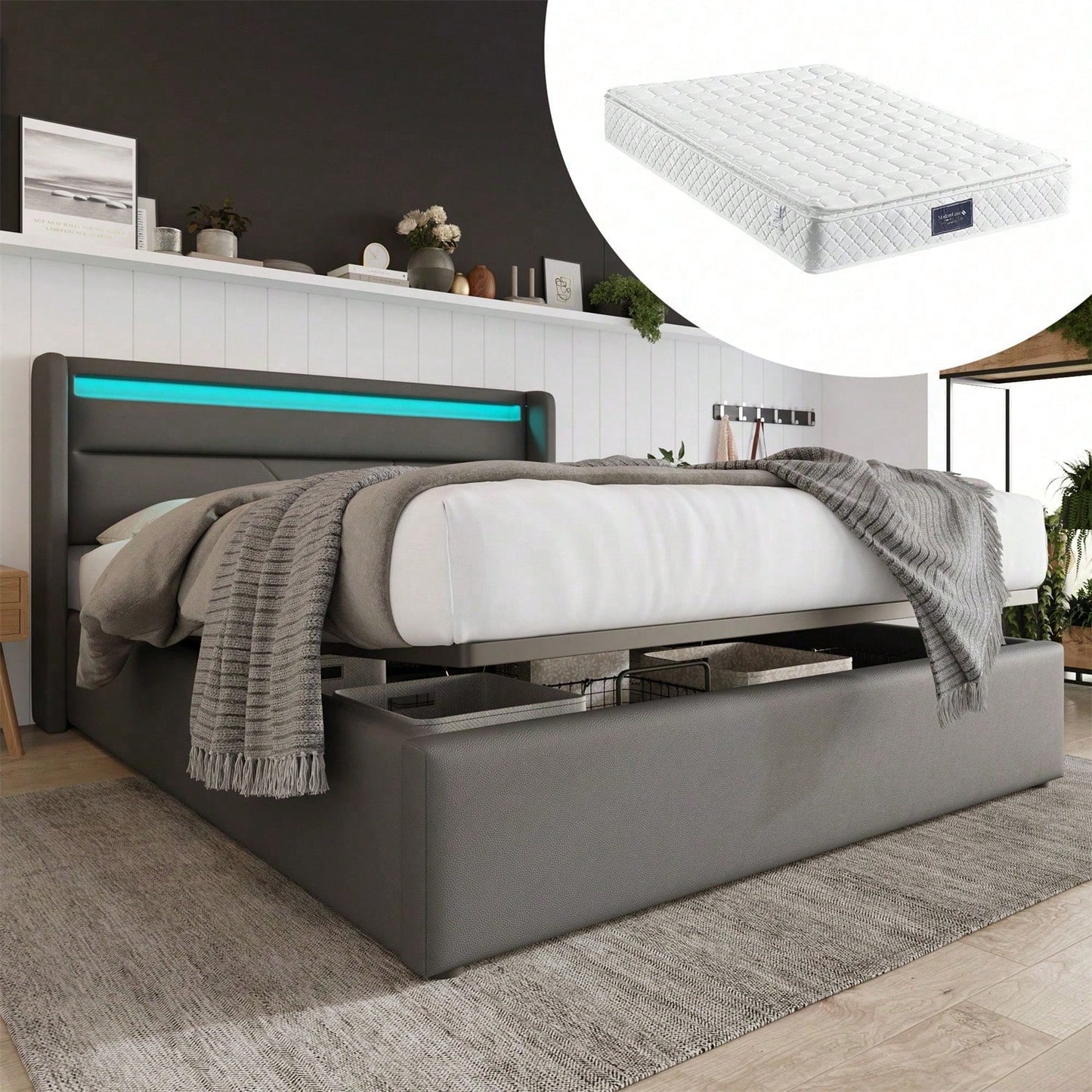 Hydraulisch Stauraumbett mit LED-Beleuchtungsleiste, Doppelbett Bettgestell Polsterbett 160x200cm, Funktionsbett, Grau