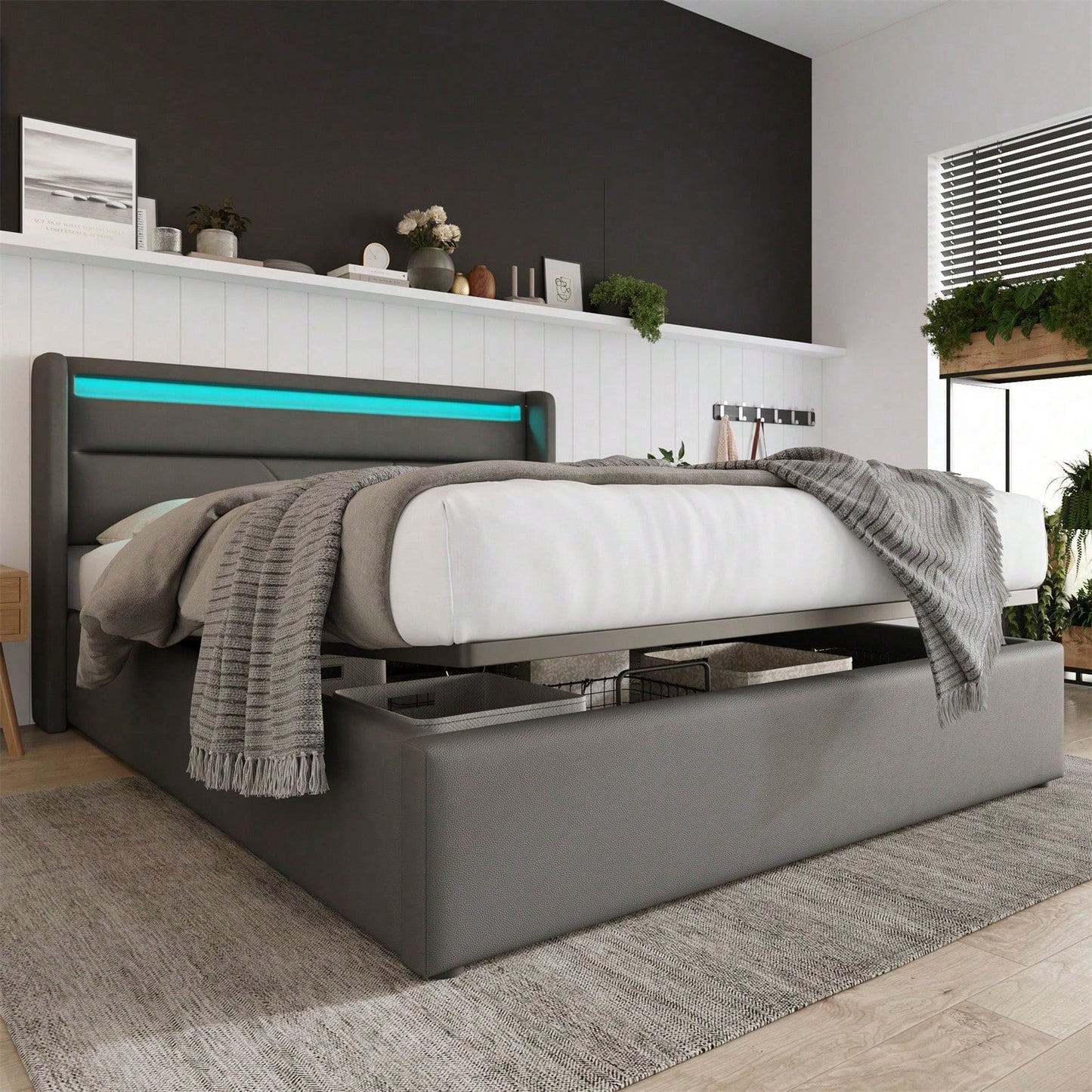 Hydraulisch Stauraumbett mit LED-Beleuchtungsleiste, Doppelbett Bettgestell Polsterbett 160x200cm, Funktionsbett, Grau