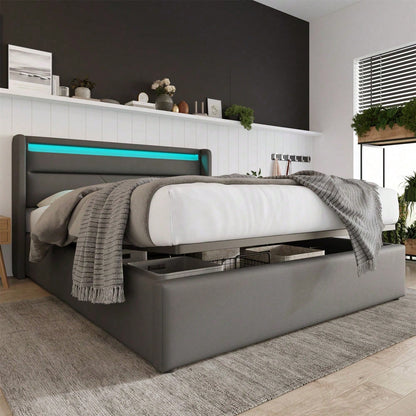Hydraulisch Stauraumbett mit LED-Beleuchtungsleiste, Doppelbett Bettgestell Polsterbett 160x200cm, Funktionsbett, Grau