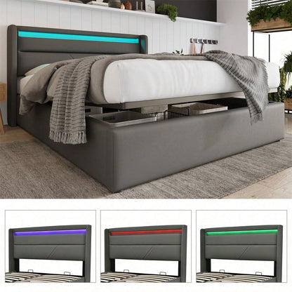 Hydraulisch Stauraumbett mit LED-Beleuchtungsleiste, Doppelbett Bettgestell Polsterbett 160x200cm, Funktionsbett, Grau