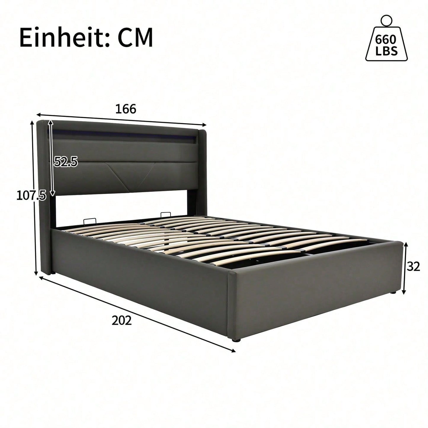 Hydraulisch Stauraumbett mit LED-Beleuchtungsleiste, Doppelbett Bettgestell Polsterbett 160x200cm, Funktionsbett, Grau