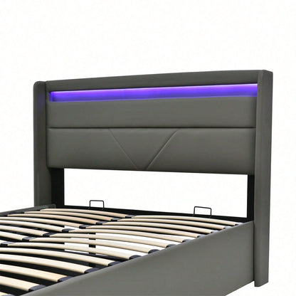 Hydraulisch Stauraumbett mit LED-Beleuchtungsleiste, Doppelbett Bettgestell Polsterbett 160x200cm, Funktionsbett, Grau