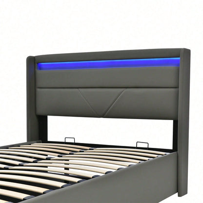 Hydraulisch Stauraumbett mit LED-Beleuchtungsleiste, Doppelbett Bettgestell Polsterbett 160x200cm, Funktionsbett, Grau