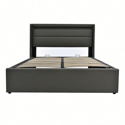 Hydraulisch Stauraumbett mit LED-Beleuchtungsleiste, Doppelbett Bettgestell Polsterbett 160x200cm, Funktionsbett, Grau