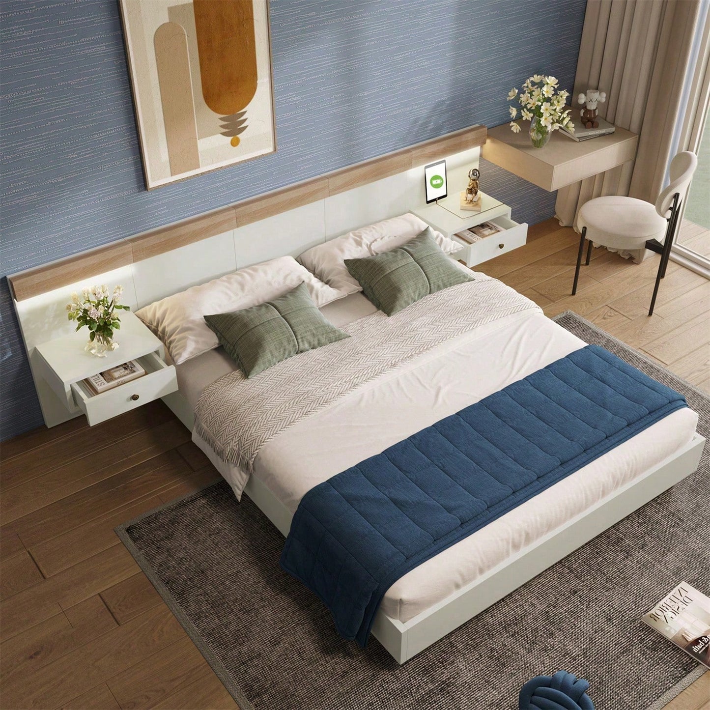 Doppelbett Bettanlage mit 2 LED Nachtkommoden& USB C Steckdose 140 x 200 cm Holzbett inkl. 2 Nachttischen Schlafzimmer Komplett--205x244x90.5 cm(L/B/H) Set in Eiche Sonoma/Weiß