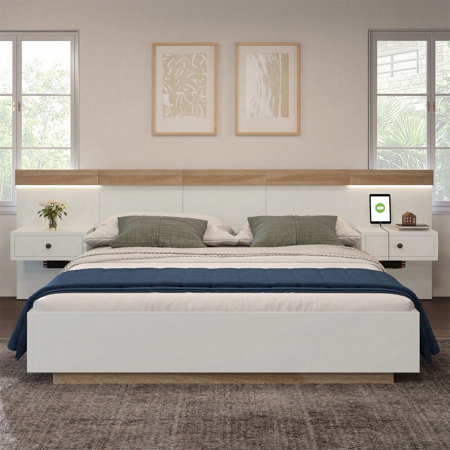 Doppelbett Bettanlage mit 2 LED Nachtkommoden& USB C Steckdose 140 x 200 cm Holzbett inkl. 2 Nachttischen Schlafzimmer Komplett--205x244x90.5 cm(L/B/H) Set in Eiche Sonoma/Weiß