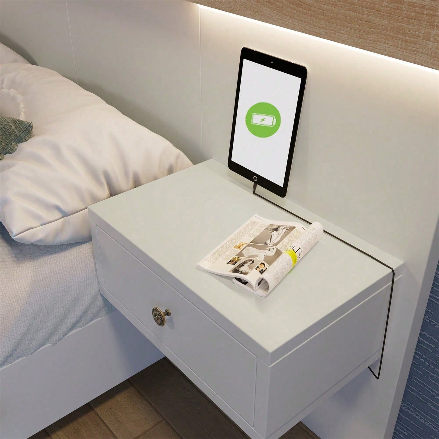 Doppelbett Bettanlage mit 2 LED Nachtkommoden& USB C Steckdose 140 x 200 cm Holzbett inkl. 2 Nachttischen Schlafzimmer Komplett--205x244x90.5 cm(L/B/H) Set in Eiche Sonoma/Weiß