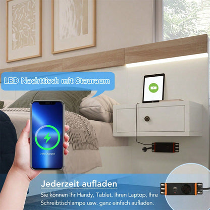 Doppelbett Bettanlage mit 2 LED Nachtkommoden& USB C Steckdose 140 x 200 cm Holzbett inkl. 2 Nachttischen Schlafzimmer Komplett--205x244x90.5 cm(L/B/H) Set in Eiche Sonoma/Weiß