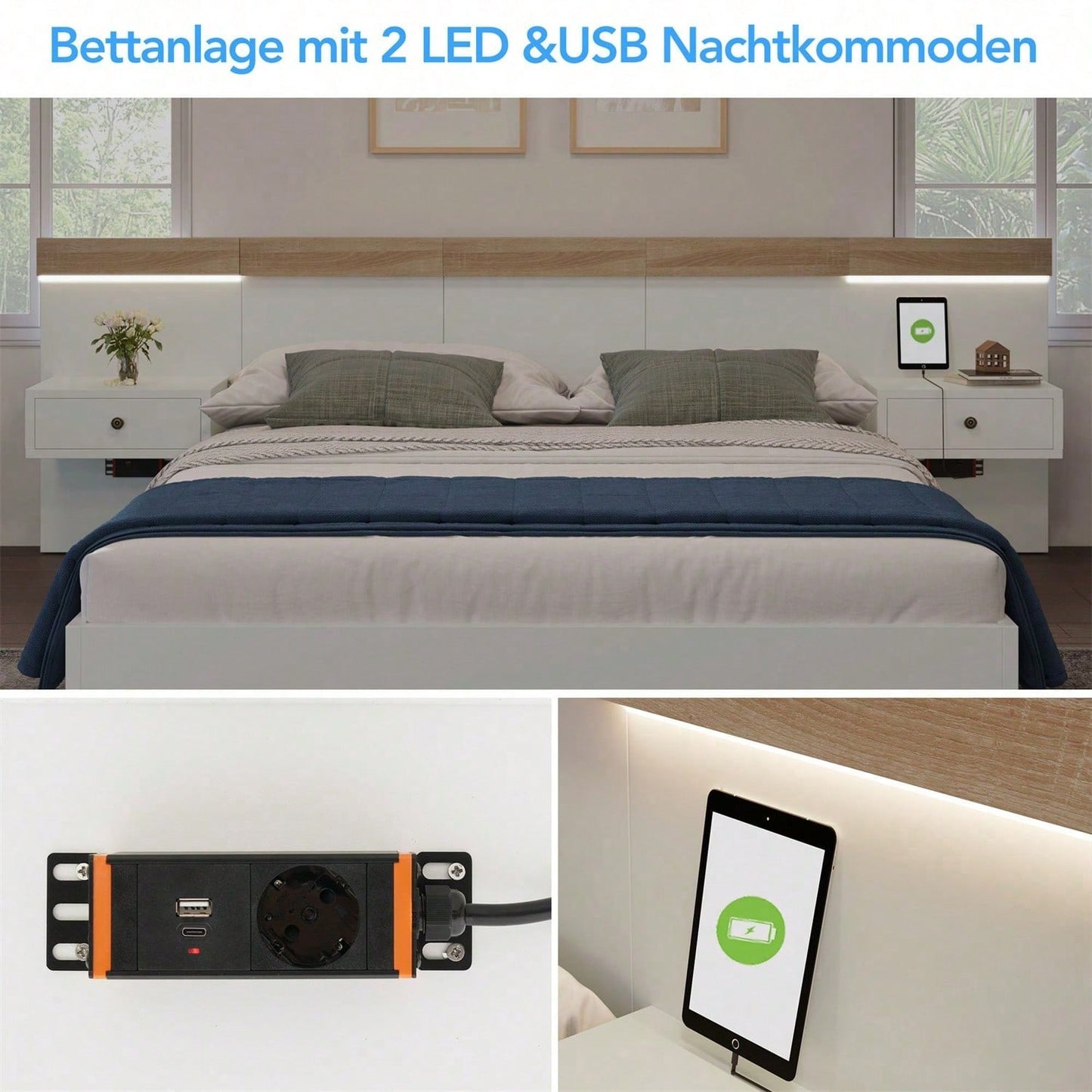 Doppelbett Bettanlage mit 2 LED Nachtkommoden& USB C Steckdose 140 x 200 cm Holzbett inkl. 2 Nachttischen Schlafzimmer Komplett--205x244x90.5 cm(L/B/H) Set in Eiche Sonoma/Weiß