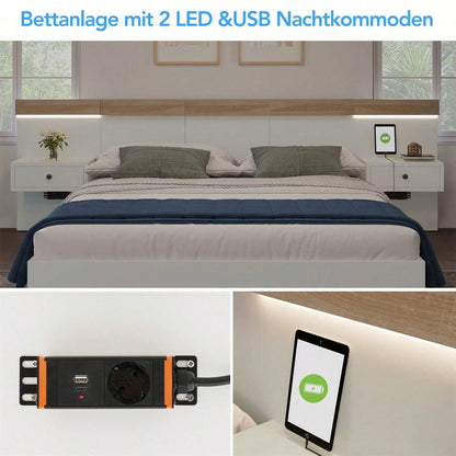 Doppelbett Bettanlage mit 2 LED Nachtkommoden& USB C Steckdose 140 x 200 cm Holzbett inkl. 2 Nachttischen Schlafzimmer Komplett--205x244x90.5 cm(L/B/H) Set in Eiche Sonoma/Weiß