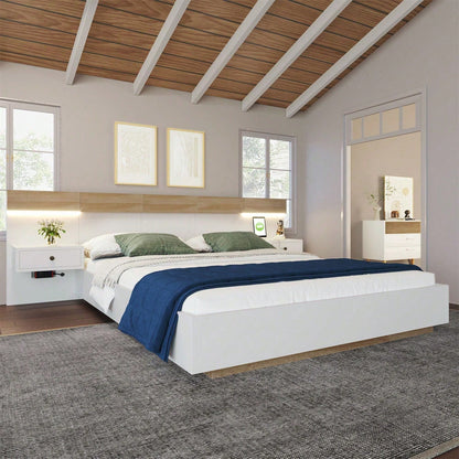 Doppelbett Bettanlage mit 2 LED Nachtkommoden& USB C Steckdose 140 x 200 cm Holzbett inkl. 2 Nachttischen Schlafzimmer Komplett--205x244x90.5 cm(L/B/H) Set in Eiche Sonoma/Weiß